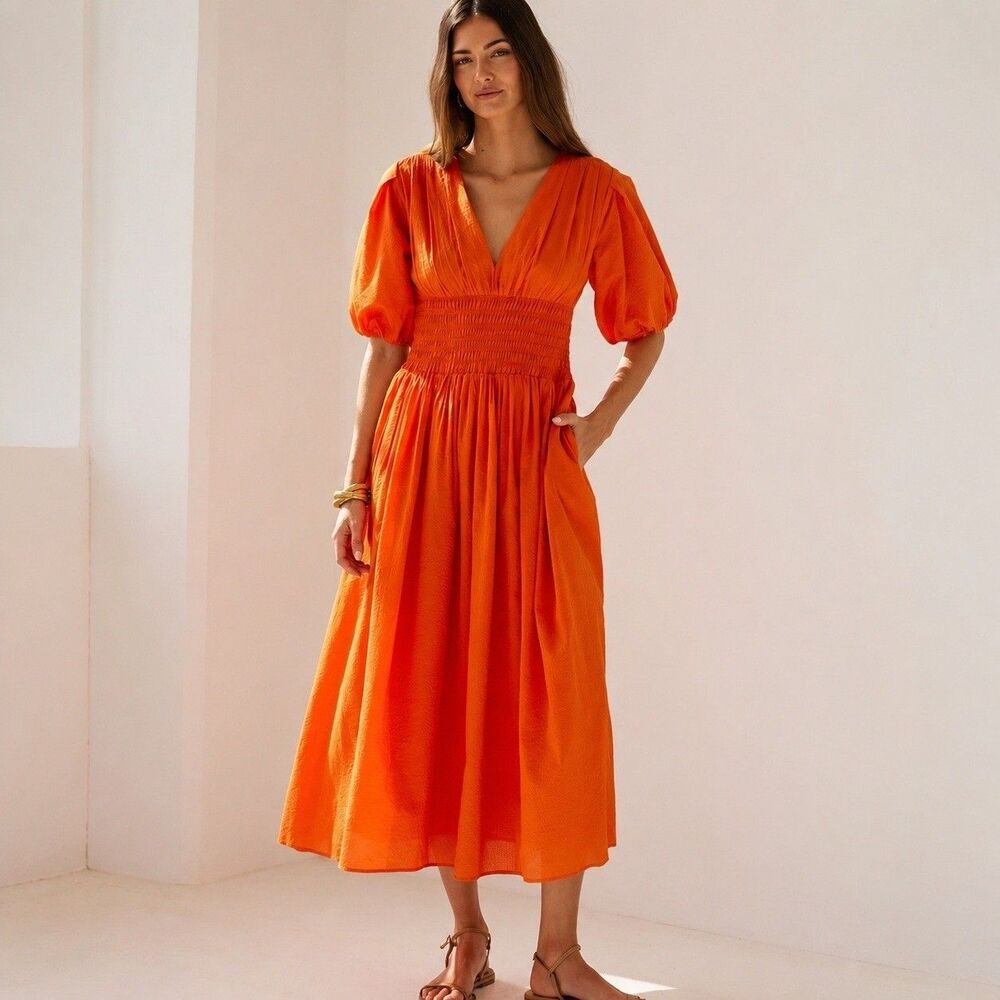 AYR The Extra Extra Dress in Cara Cara Orange Cotton Midi Size L Large Pockets